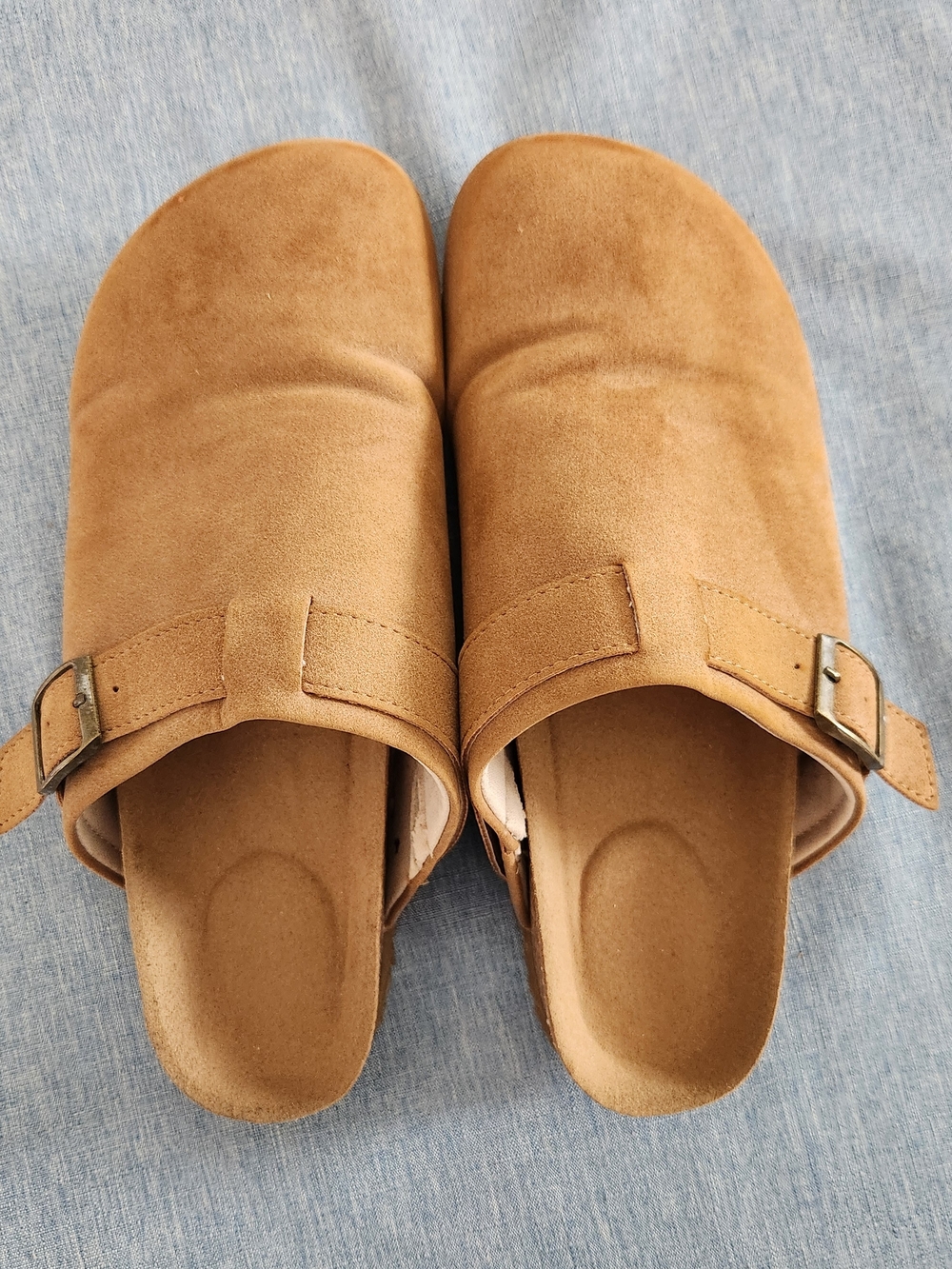 Iris Tan Suede Slip-On Clogs with Buckle
